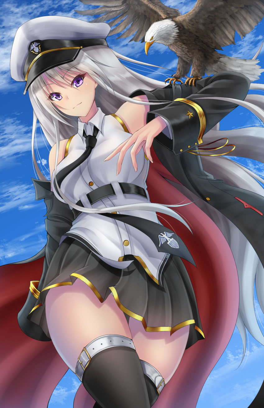 1girl animal animal_on_arm azur_lane bald_eagle bangs bare_shoulders belt_buckle bird black_belt black_coat black_legwear black_neckwear black_skirt blue_sky breasts buckle closed_mouth clouds coat collared_shirt commentary_request day denpa_(denpae29) eagle emblem enterprise_(azur_lane) eyebrows_visible_through_hair fingernails from_below gold_trim hair_between_eyes hand_up hat highres jacket large_breasts long_sleeves looking_at_viewer medium_skirt military military_hat military_uniform miniskirt necktie off_shoulder open_clothes open_coat outdoors peaked_cap pleated_skirt red_jacket shiny shiny_hair shirt sidelocks silver_hair skindentation skirt sky sleeveless sleeveless_shirt standing thigh-highs thigh_gap thigh_strap thighs uniform violet_eyes white_belt white_hat white_shirt wind zettai_ryouiki
