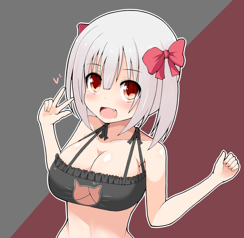 1girl :d bow breasts cat_cutout cat_lingerie cleavage commentary_request fang hair_bow hair_ribbon highres large_breasts looking_at_viewer meme_attire midriff navel open_mouth orange_eyes original ribbon short_hair silver_hair smile solo twintails v yuzutei