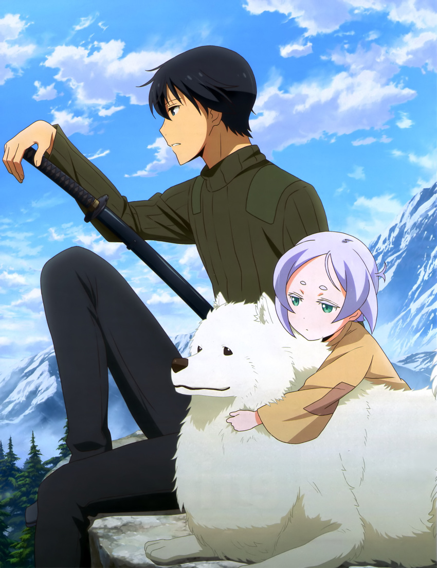 absurdres black_eyes black_hair black_pants blue_sky clouds dog forest from_side green_eyes hair_between_eyes highres katana kino_no_tabi mountain nature outdoors pants riku_(kino_no_tabi) sheath sheathed shizu short_hair silver_hair sitting sky sweater sword tea_(kino_no_tabi) weapon