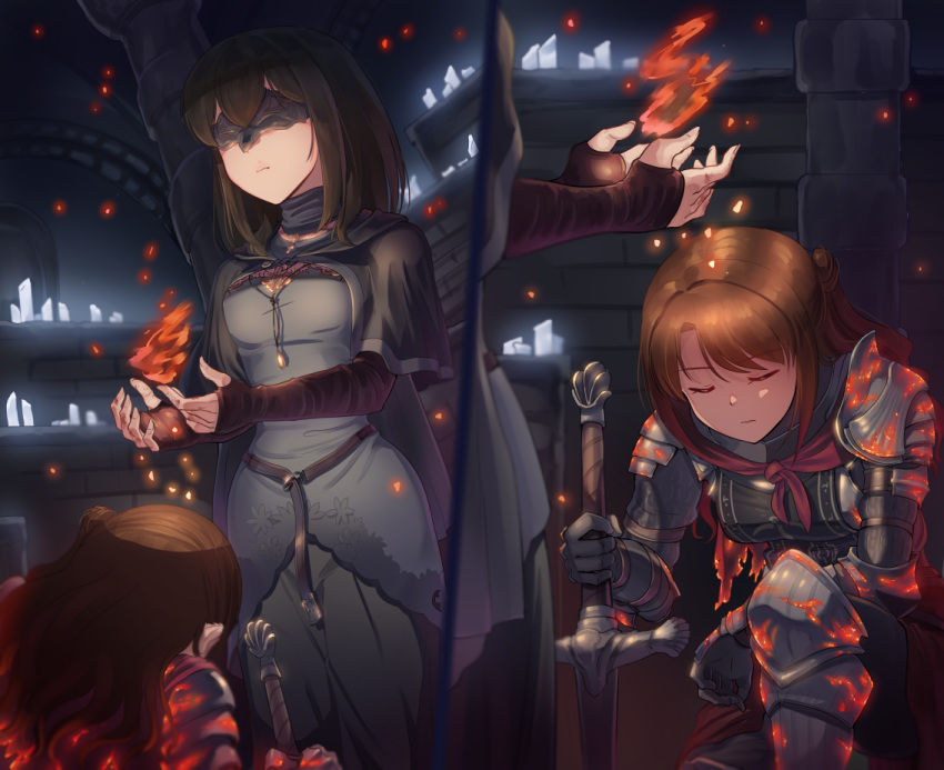 3girls armor brown_hair character_request closed_eyes copyright_request dark_souls_iii demon's_souls eyebrows_visible_through_hair facing_away fire_keeper hair_bun holding holding_sword holding_weapon kamille_(vcx68) long_hair looking_away maiden_in_black multiple_girls short_hair souls_(from_software) sword weapon