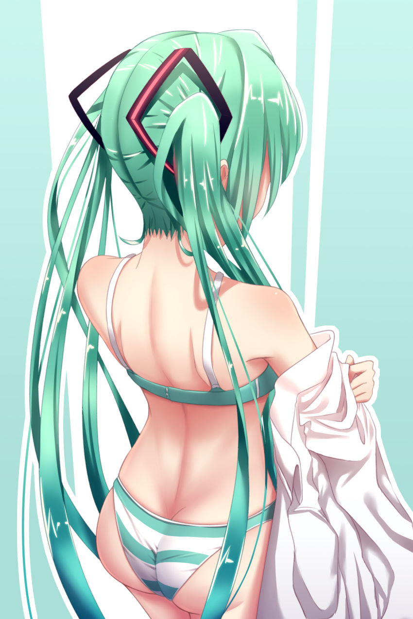 1girl aqua_bra ass back bare_shoulders body_blush bra butt_crack cowboy_shot facing_away from_behind geduan green_eyes green_hair hair_ornament hatsune_miku highres long_hair nape off_shoulder panties revision shiny shiny_hair shirt shoulder_blades solo standing striped striped_panties twintails two-tone_background underwear undressing very_long_hair vocaloid white_shirt