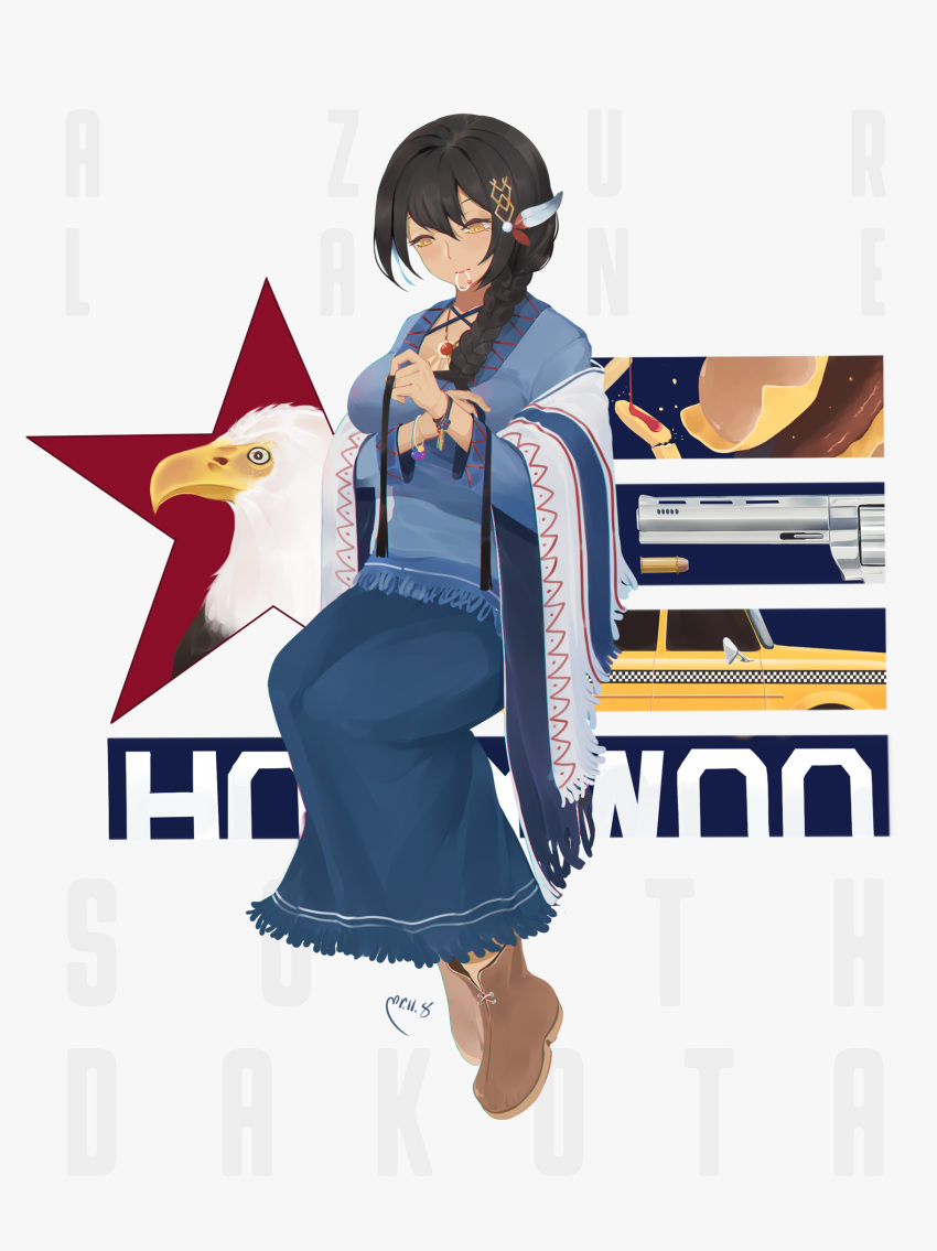 1girl absurdres alternate_costume azur_lane bald_eagle bird black_hair bracelet braid braiding_hair breasts brown_eyes bullet character_name copyright_name dark_skin eagle feathers food french_fries gun hair_feathers hair_ornament hairclip hairdressing hamburger handgun highres jewelry large_breasts long_hair looking_down native_american necklace revolver single_braid sitting solo south_dakota_(azur_lane) taxi weapon yueguang_zhanglang