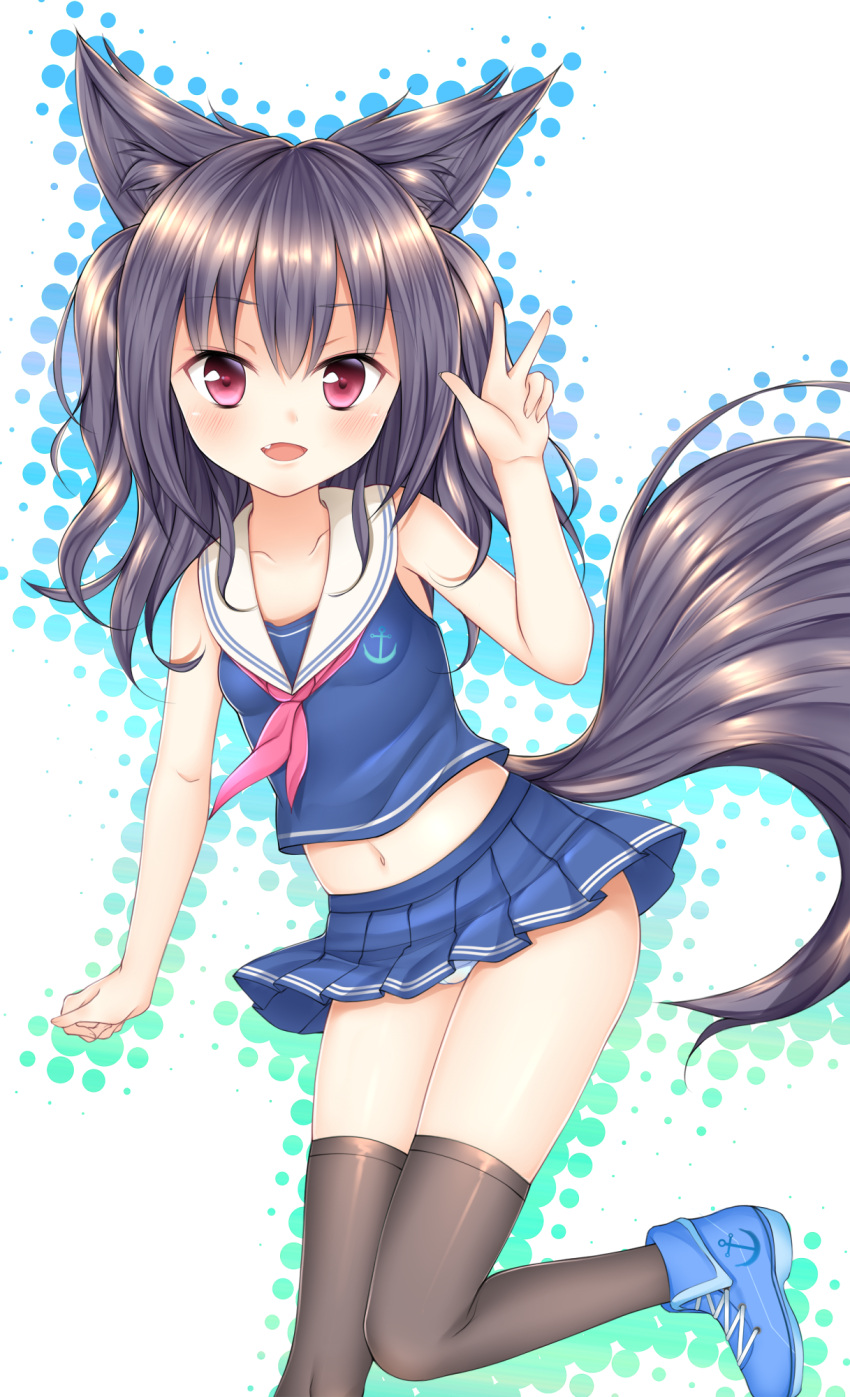 1girl animal_ears arm_up black_hair black_legwear blue_shirt blue_skirt brown_eyes colin_(pixiv) dog_ears dog_tail fang highres knees_together_feet_apart leg_up long_hair midriff miniskirt navel open_mouth original panties shirt shoes skirt sleeveless sleeveless_shirt smile solo standing standing_on_one_leg tail thigh-highs twintails two_side_up underwear v white_panties