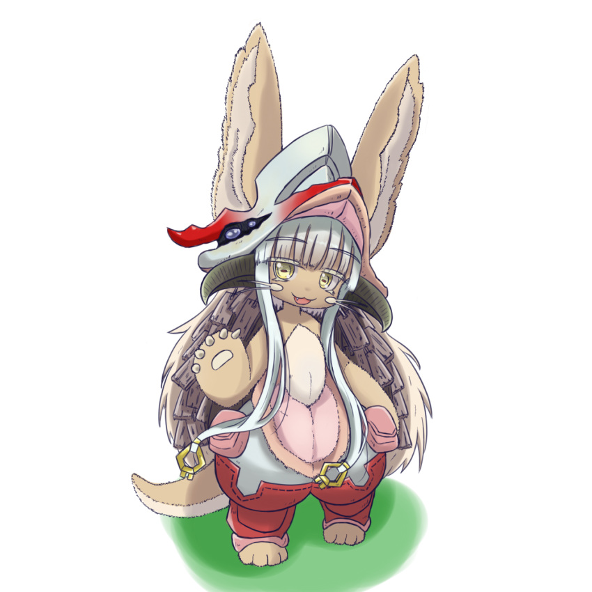 1girl :3 :d animal_ears bangs barefoot ears_through_headwear eyebrows_visible_through_hair fang furry helmet highres long_hair looking_at_viewer made_in_abyss nanachi_(made_in_abyss) nanarokushiki open_mouth sidelocks silver_hair simple_background smile solo standing tail very_long_hair whiskers white_background yellow_eyes