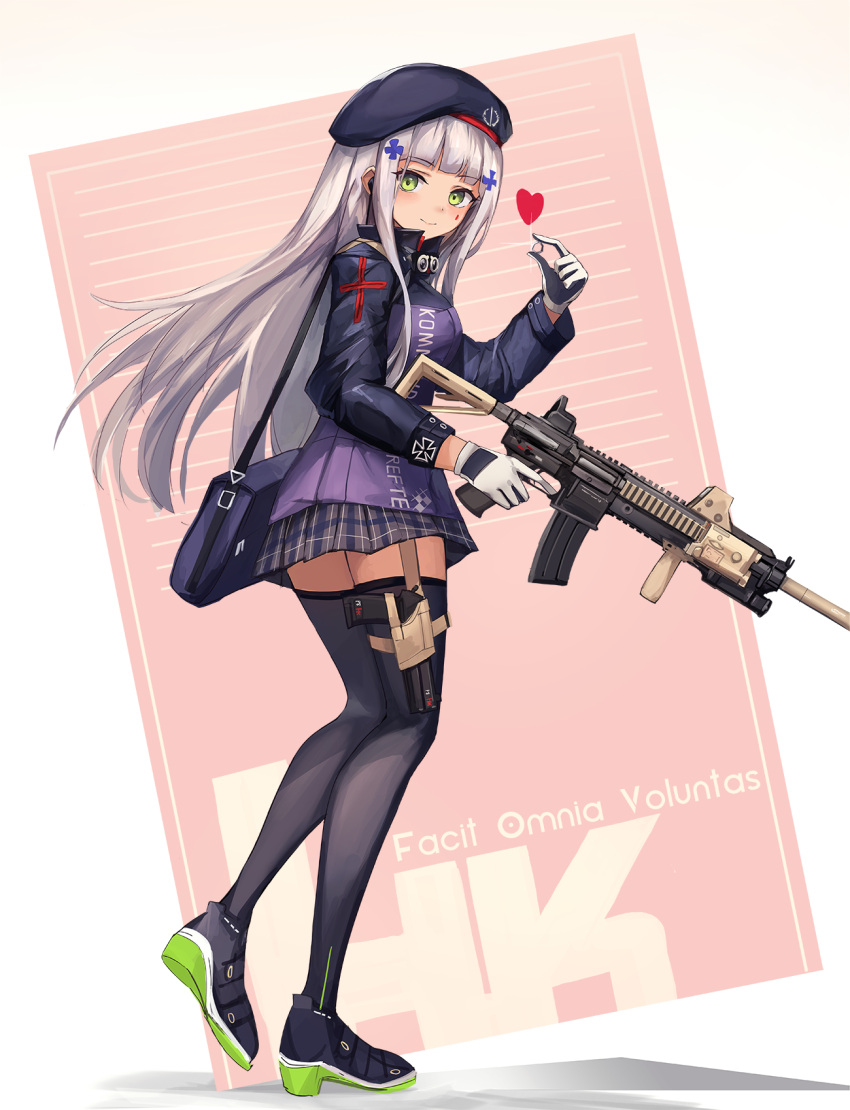 1girl assault_rifle bag bangs beret black_legwear blunt_bangs blush closed_mouth eruthika from_side full_body girls_frontline green_eyes gun hair_ornament handgun hat heart heckler_&amp;_koch highres hk416 hk416_(girls_frontline) holding holding_gun holding_weapon holster jacket jewelry long_hair looking_at_viewer looking_to_the_side plaid plaid_skirt rifle ring shoulder_bag silver_hair skirt smile solo standing thigh-highs thigh_holster weapon wedding_ring