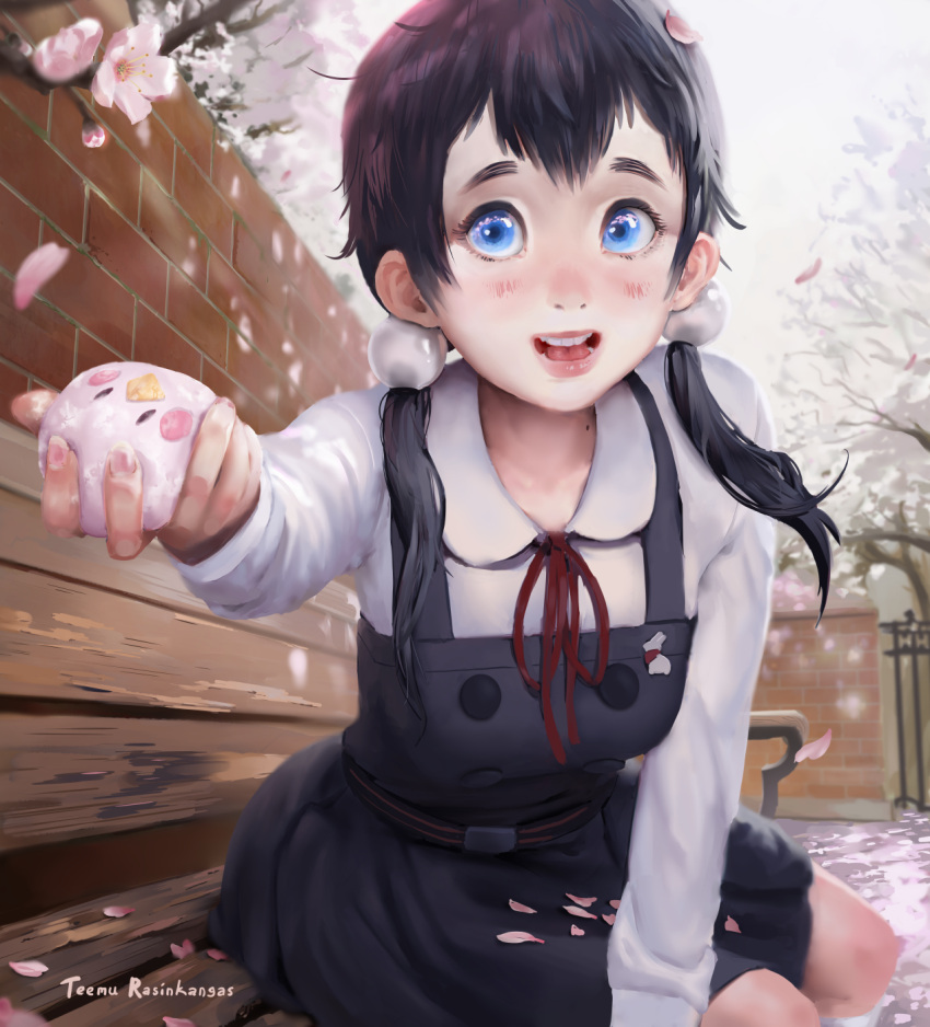 1girl artist_name bench black_dress black_hair blue_eyes blush brick_wall collared_shirt commentary dress eyelashes fingernails flower hair_ornament highres holding kitashirakawa_tamako long_hair long_sleeves looking_at_viewer low_twintails neck_ribbon open_mouth park_bench parted_lips petals peter_pan_collar pink_flower red_ribbon ribbon school_uniform shirt sitting solo tamako_market teemu_rasinkangas teeth tongue tree twintails white_shirt wooden_bench