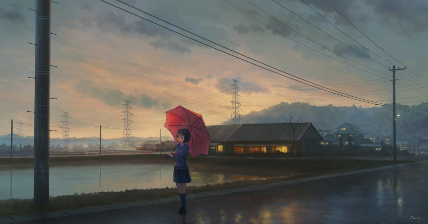 1girl bare_tree blue_legwear brown_footwear city clouds cloudy_sky collared_shirt feel_(nasitaki) highres holding holding_umbrella house kneehighs long_sleeves necktie original pleated_skirt power_lines scenery school_uniform shirt shoes short_hair signature skirt sky solo standing sweater telephone_pole transmission_tower tree umbrella white_shirt