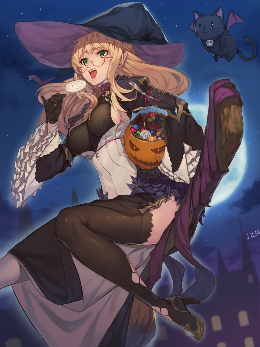 1girl :3 absurdres bat_wings black_footwear black_gloves black_hat blonde_hair boots breasts candy cat commentary commentary_request food frilled_sleeves frills full_moon glasses gloves green_eyes halloween hat high_heel_boots high_heels highres holding holding_lollipop jack-o'-lantern jam_(nandade) juliet_sleeves lollipop long_hair long_sleeves medium_breasts moon night night_sky open_mouth pink-framed_eyewear pointy_ears puffy_sleeves sideboob sky solo star_(sky) starry_sky thigh-highs thigh_boots tongue tongue_out under-rim_eyewear wide_sleeves wings witch