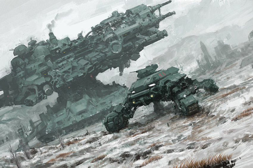 cannon caterpillar_tracks clouds cloudy_sky grass grey_sky ground_vehicle hwanggyu_kim mecha military military_vehicle motor_vehicle no_humans original outdoors scenery sky smoke snow tank walker