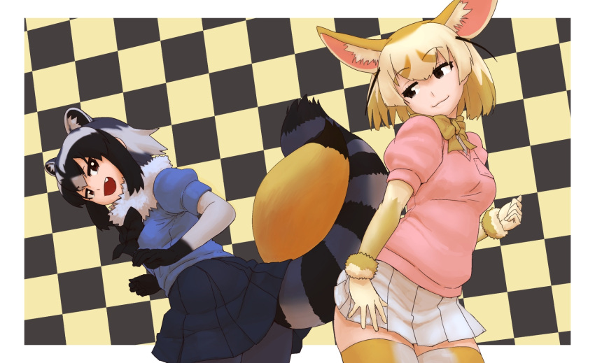 2girls :3 animal_ears arm_at_side black_eyes black_hair blonde_hair bow bowtie brown_eyes checkered checkered_background closed_mouth common_raccoon_(kemono_friends) eyebrows_visible_through_hair fang fennec_(kemono_friends) fox_ears fox_tail fur_collar gloves grey_hair half-closed_eyes hand_up hands_up highres intertwined_tails kemono_friends looking_at_another looking_back multicolored_hair multiple_girls open_mouth pink_sweater raccoon_ears raccoon_tail short_hair short_sleeves skirt smile standing striped_tail sweater tail thigh-highs upper_body wokue zettai_ryouiki