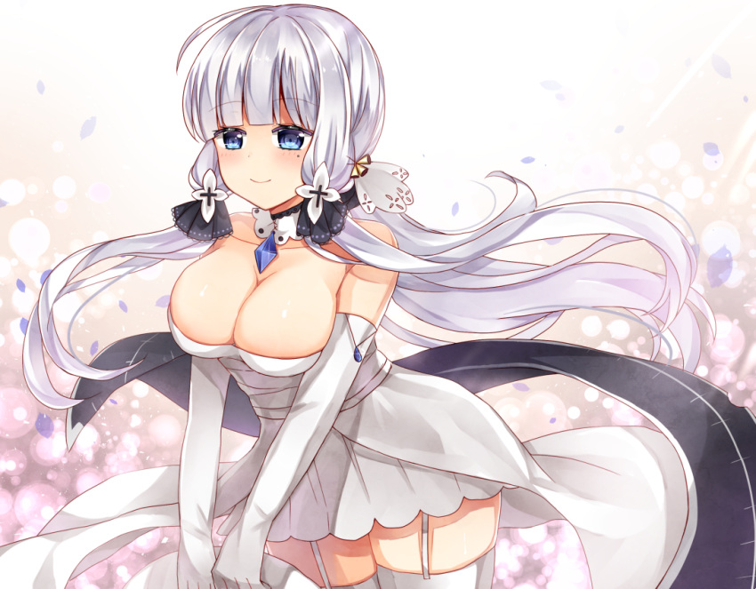 1girl ahoge azur_lane blue_eyes breasts cleavage collarbone commentary_request dress elbow_gloves flight_deck garter_straps gloves hair_tubes hat holding holding_hat illustrious_(azur_lane) large_breasts leaning_forward long_hair looking_at_viewer mole mole_under_eye off-shoulder_dress off_shoulder shikino_(sikinonono) silver_hair smile solo tri_tails white_dress white_legwear