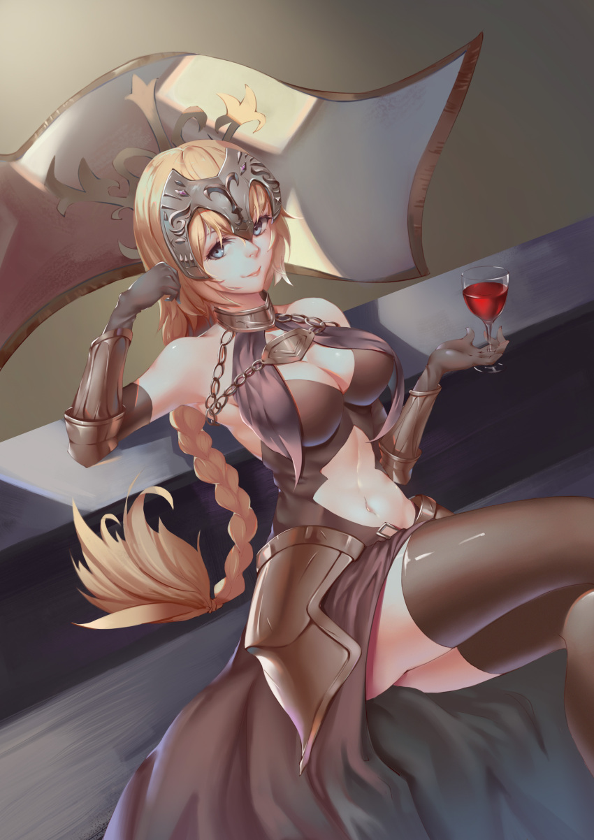 1girl absurdres armor armored_dress artist_request ass blonde_hair blue_eyes breasts cleavage cup drinking_glass fate/grand_order fate_(series) groping headpiece highres large_breasts legs_crossed long_hair looking_at_viewer navel navel_cutout ruler_(fate/apocrypha) shoes single_shoe smile solo standard_bearer thigh-highs thighs wine_glass