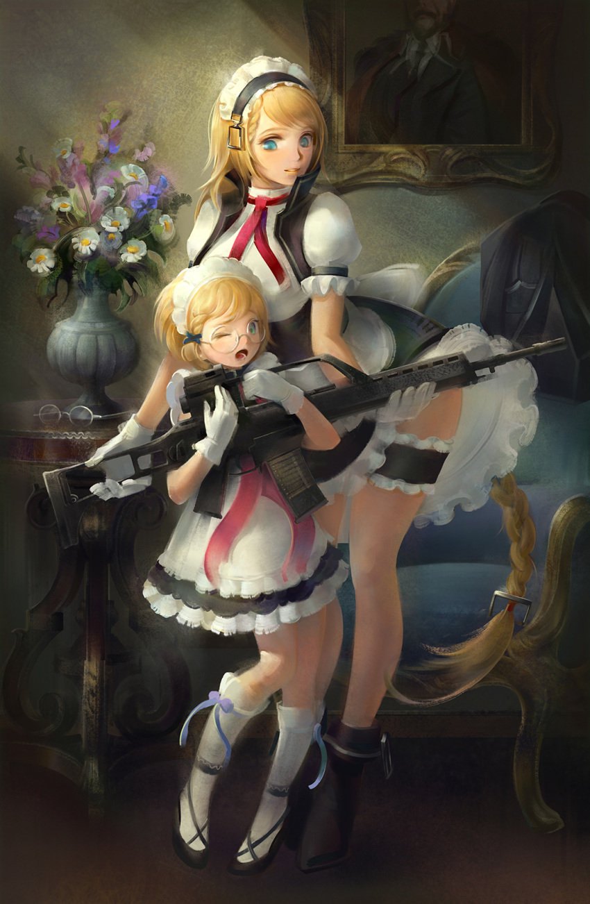 2girls arched_back assault_rifle bangs bent_over black_footwear blonde_hair blue_eyes braid child choseon dress eyewear_removed flower full_body g36 g36_(girls_frontline) girls_frontline glasses gloves gun highres holding holding_gun holding_weapon indoors kneehighs long_hair looking_at_another low_ponytail maid maid_headdress mary_janes multiple_girls neck_ribbon one_eye_closed open_mouth painting_(object) parted_lips plant potted_plant puffy_short_sleeves puffy_sleeves red_ribbon ribbon rifle rimless_eyewear shoes short_hair short_sleeves smile standing swept_bangs time_paradox very_long_hair weapon white_gloves white_legwear younger