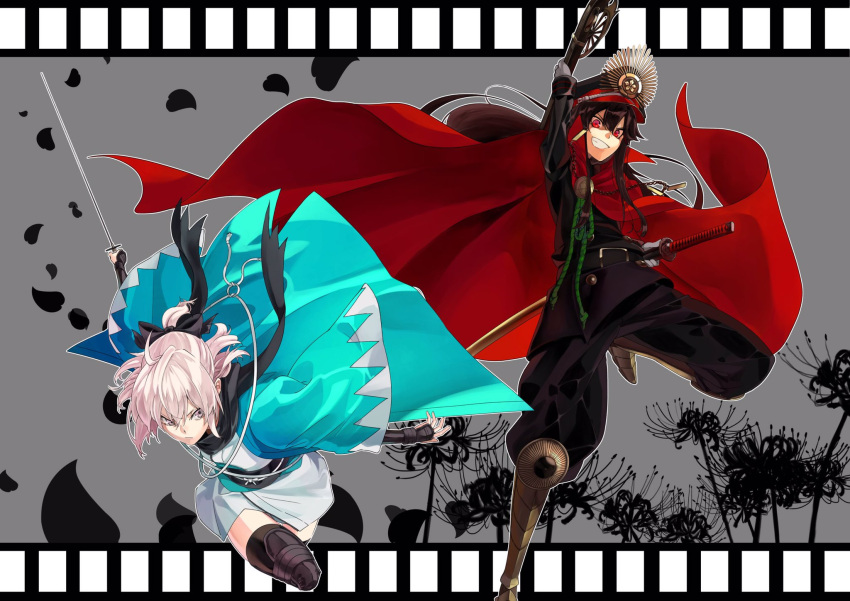 2girls akamiso_(k074510) belt black_hair black_legwear cape demon_archer fate_(series) flower gloves greaves grin gun hat highres holding holding_gun holding_sword holding_weapon japanese_clothes katana kimono koha-ace looking_at_viewer multiple_girls pink_eyes pink_hair ponytail red_eyes sakura_saber sash scarf sheath sheathed shinsengumi silhouette smile sword teeth thigh-highs weapon white_gloves