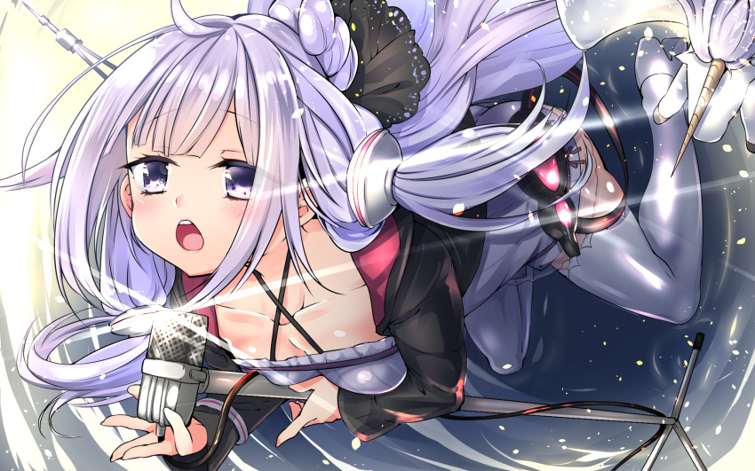 1girl alternate_costume azur_lane collarbone commentary_request cosplay grey_eyes hair_bun hair_tubes highres long_hair looking_at_viewer low_twintails microphone_stand open_mouth purple_hair shirasagi_rokuwa solo twintails unicorn_(azur_lane) voiceroid yuzuki_yukari yuzuki_yukari_(cosplay)