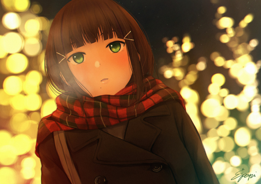 1girl backlighting bag bangs black_coat blunt_bangs blurry blush bokeh breath buttons coat depth_of_field double-breasted dutch_angle from_below hair_ornament hairclip kurosawa_dia lips long_hair love_live! love_live!_sunshine!! outdoors papi_(papiron100) parted_lips plaid plaid_scarf red_scarf scarf shoulder_bag signature upper_body winter winter_clothes winter_coat
