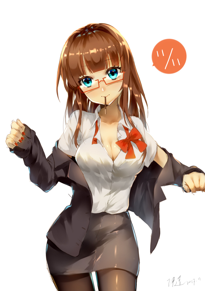 1girl absurdres aqua_eyes black_legwear breasts brown_hair cleavage food glasses highres ihachisu long_hair long_sleeves looking_at_viewer manicure medium_breasts mouth_hold open_clothes open_shirt pantyhose pencil_skirt pocky pocky_day shirt skirt solo
