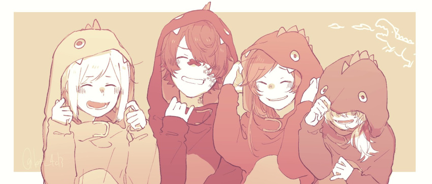 2boys 2girls bandaid bandaid_on_face brown_background closed_eyes cosplay covering_face dinosaur flower_(vocaloid) fukase hair_over_one_eye highres hood kigurumi long_hair mi_no_take monochrome multiple_boys multiple_girls sepia sf-a2_miki simple_background upper_body utatane_piko vocaloid