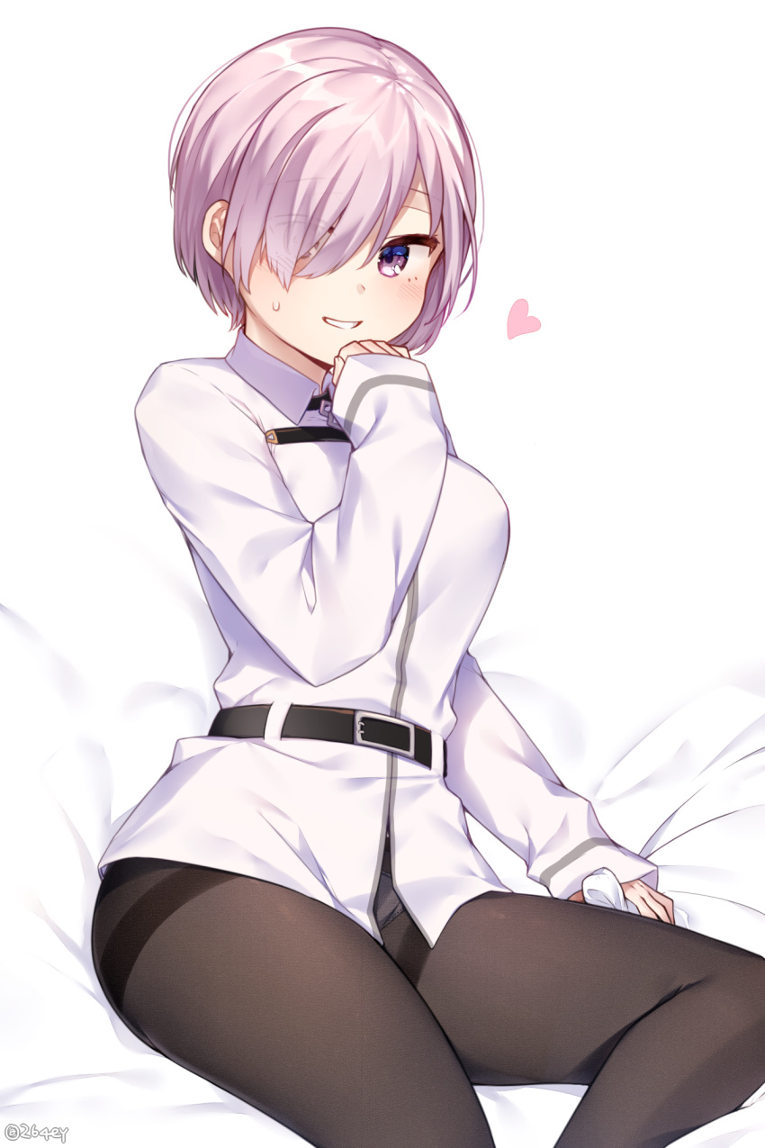 0ye 1girl bed_sheet belt black_legwear blush breasts cosplay eyes_visible_through_hair fate/grand_order fate_(series) fine_fabric_emphasis fujimaru_ritsuka_(female) fujimaru_ritsuka_(female)_(cosplay) hair_over_one_eye heart highres long_sleeves looking_at_viewer medium_breasts no_pants panties panties_under_pantyhose pantyhose parted_lips pink_hair sheet_grab shielder_(fate/grand_order) shiny shiny_hair short_hair simple_background sitting sleeves_past_wrists smile solo sweat thigh_gap twitter_username underwear violet_eyes white_background