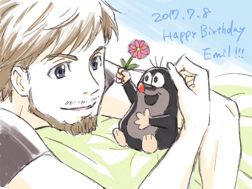 1boy beard birthday blanket blue_eyes brown_hair commentary_request country_connection crossover czech_republic dated emil_nekola facial_hair flower happy_birthday highres holding holding_flower itou_noriko mole_(animal) mole_(zdenek_miler) mole_(zdenek_miler)_(character) on_bed open_mouth shirt size_difference smile t-shirt yuri!!!_on_ice