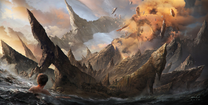 1boy afloat brown_hair clouds cloudy_sky commentary day debris dirt explosion facing_away from_behind giant highres ming_yee_sheh mountain ocean original signature sky swimming volcano