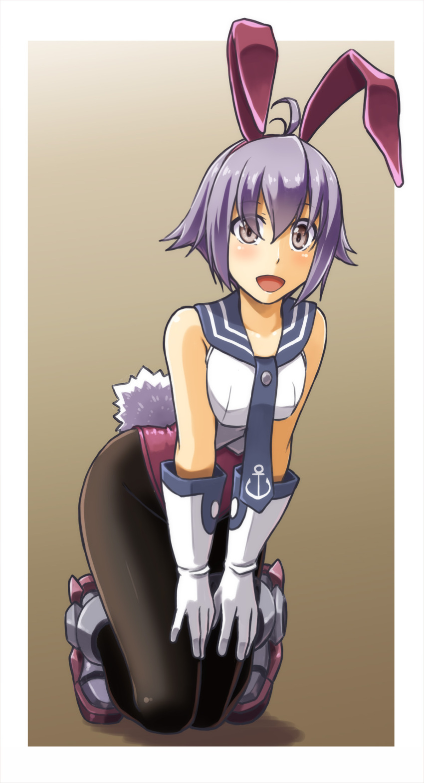 1girl adapted_costume alto-00 animal_ears black_legwear blue_neckwear boots bound bound_wrists breasts brown_eyes bunny_tail bunnysuit detached_collar fake_animal_ears gloves highres kantai_collection kneeling leotard leotard_under_clothes open_mouth pantyhose pink_leotard purple_hair rabbit_ears sailor_collar sakawa_(kantai_collection) shirt short_hair smile tail white_gloves white_shirt wrist_cuffs