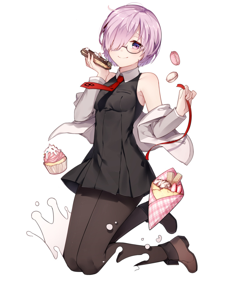 0ye 1girl ankle_boots bare_shoulders black-framed_eyewear black_dress black_legwear blush boots breasts brown_footwear closed_mouth cupcake dress fate/grand_order fate_(series) food fruit glasses grey_jacket hair_over_one_eye highres holding holding_food jacket kneeling long_sleeves looking_at_viewer macaron medium_breasts necktie off_shoulder open_clothes open_jacket pantyhose pink_hair red_neckwear shielder_(fate/grand_order) short_hair simple_background sleeveless sleeveless_dress smile solo splashing strawberry under-rim_eyewear violet_eyes white_background wrapper