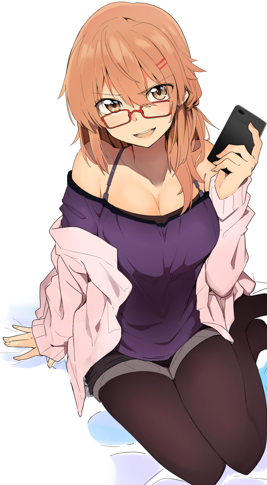 &gt;:d 1girl absurdres bangs bare_shoulders black_legwear black_shorts blush breasts brown_eyes brown_hair camisole cardigan cellphone cleavage collarbone eyebrows_visible_through_hair glasses hair_ornament hairclip hand_up highres holding holding_phone kazenoko large_breasts legs_together long_hair looking_at_viewer open_cardigan open_clothes open_mouth original pantyhose phone red-framed_eyewear short_shorts shorts sidelocks simple_background sitting smartphone smile smirk thighs tsurime white_background yokozuwari