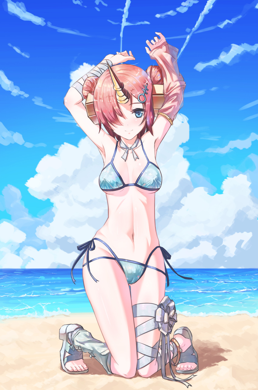 1girl absurdres arms_up bandage beach berserker_of_black bikini blue_eyes blue_sky breasts cleavage clouds erect_nipples fate/grand_order fate_(series) frankenstein's_monster_(swimsuit_saber)_(fate) gluteal_fold groin hair_over_one_eye highres horn kneeling medium_breasts navel ocean pink_hair sandals side-tie_bikini sky smile solo swimsuit swimsuit_under_clothes ten_no_hoshi under_boob