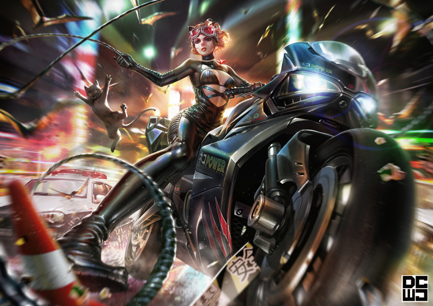 1girl bat batman_(series) black_bodysuit black_bra black_cat blurry blurry_background blurry_foreground bodysuit bra breasts brown_eyes car cat catwoman center_opening curly_hair dcwj foreshortening goggles goggles_on_head ground_vehicle jewelry looking_at_viewer medium_breasts motor_vehicle motorcycle orange_hair pendant police_car short_hair solo traffic_cone underwear whip