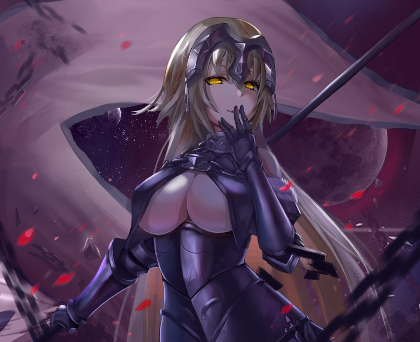 1girl absurdres armor armored_dress bangs banner bare_shoulders blonde_hair blood blood_splatter breasts chains collar commentary_request fate/grand_order fate_(series) finger_to_mouth fur_trim gauntlets headpiece highres holding holding_weapon jeanne_alter large_breasts long_hair moon motion_blur noboru_(pixiv8503150) parted_lips ruler_(fate/apocrypha) smile solo space star_(sky) straight_hair under_boob underbust upper_body very_long_hair weapon yellow_eyes