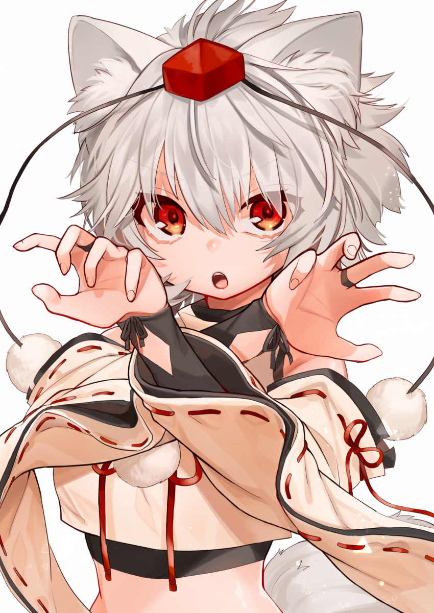 1girl :o animal_ears bangs crop_top gotoh510 grey_hair hat highres inubashiri_momiji long_sleeves looking_at_viewer parted_lips pom_pom_(clothes) red_eyes ribbon-trimmed_sleeves ribbon_trim short_hair solo tail tokin_hat touhou upper_body wide_sleeves wolf_ears wolf_tail