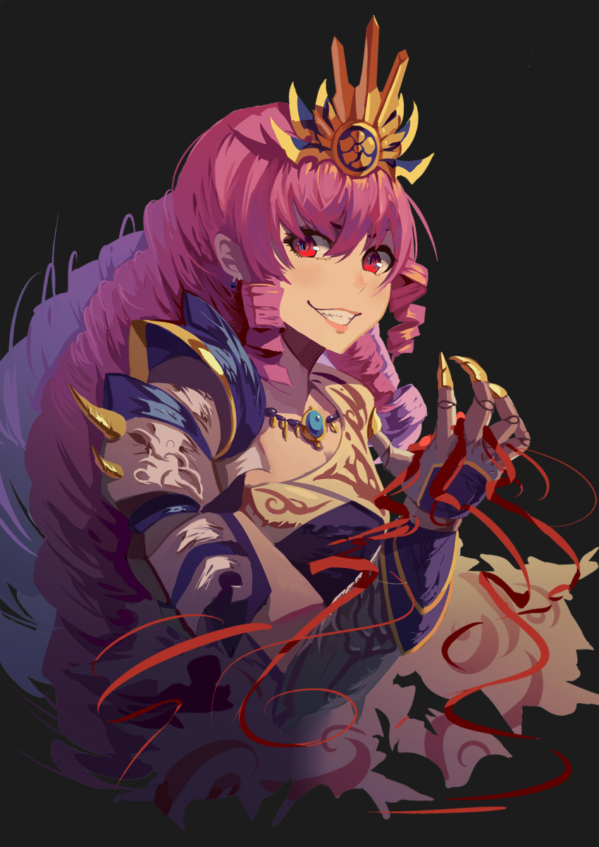1girl armor black_background blue_pupils claws drill_hair earrings gem grin hand_up headdress highres jewelry kuroduki_(pieat) long_hair looking_at_viewer monster_strike necklace oda_nobunaga_(monster_strike) pink_hair red_eyes simple_background smile solo spikes upper_body