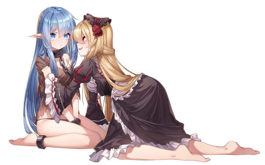 2girls absurdres apron bare_legs barefoot between_legs black_dress blonde_hair blue_eyes blue_hair blush chains cuffs de_da_xianyu dress feet frilled_apron frills half_updo hand_between_legs headdress highres juliet_sleeves kneeling long_hair long_sleeves looking_at_another maid multiple_girls original pointy_ears puffy_sleeves red_eyes shackles sidelocks simple_background sitting smile teeth torn_clothes v_arms very_long_hair waist_apron wariza white_background wide_sleeves yuri