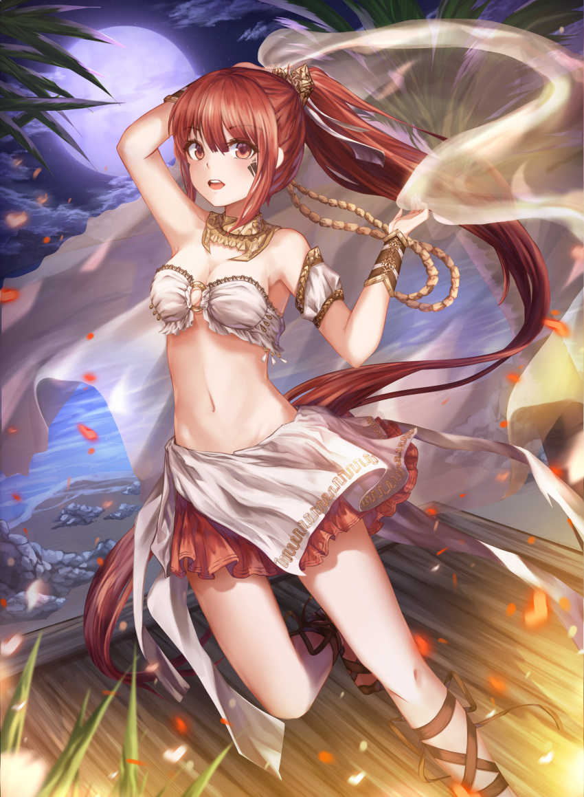 1girl :o absurdres arm_up bare_shoulders bracer breasts brown_eyes brown_hair cleavage dancer full_moon hair_ornament highres long_hair looking_at_viewer midriff moon nani_(goodrich) navel night night_sky o-ring_top original ponytail silk skirt sky solo standing standing_on_one_leg very_long-hair very_long_hair water