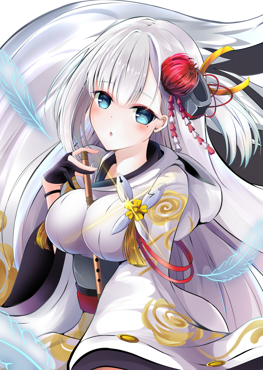 1girl amagami_(makise_tsubaki) azur_lane blue_eyes commentary_request eyeshadow flute hair_ornament highres instrument japanese_clothes long_hair looking_at_viewer makeup mole mole_under_eye parted_lips shoukaku_(azur_lane) silver_hair solo wide_sleeves