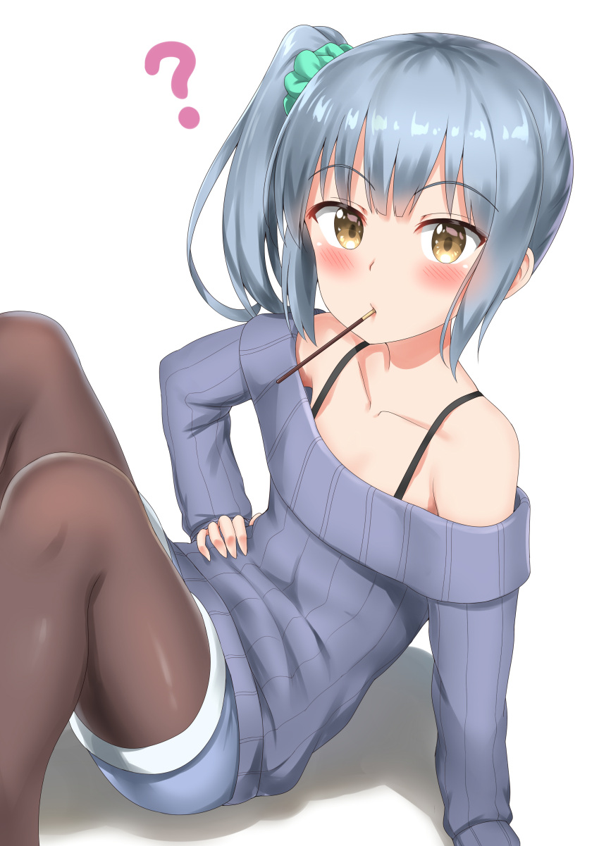 1girl ? absurdres blue_hair blush brown_eyes brown_legwear collarbone eyebrows_visible_through_hair flat_chest highres kantai_collection kasumi_(kantai_collection) leaning_back looking_at_viewer mouth_hold nedia_(nedia_region) off-shoulder_sweater pantyhose pocky_day ribbed_sweater short_shorts shorts side_ponytail simple_background sitting solo sweater