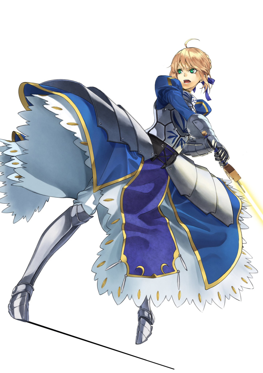 1girl ahoge akamiso_(k074510) animal_ears armor artoria_pendragon_(all) blonde_hair breastplate dress excalibur fate/stay_night fate_(series) gauntlets greaves highres holding holding_sword holding_weapon open_mouth saber solo sword tears teeth weapon
