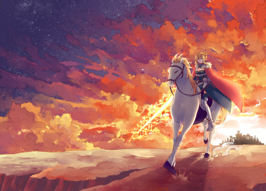1girl ahoge armor armored_boots artoria_pendragon_(all) artoria_pendragon_(lancer) blonde_hair boots breasts cape castle cleavage clouds commentary_request crown dun_stallion dust evening fate/grand_order fate_(series) frown gauntlets green_eyes hair_between_eyes highres horse ko_kita large_breasts looking_at_viewer rhongomyniad riding saddle scenery sidelocks sky star_(sky) sunset white_horse