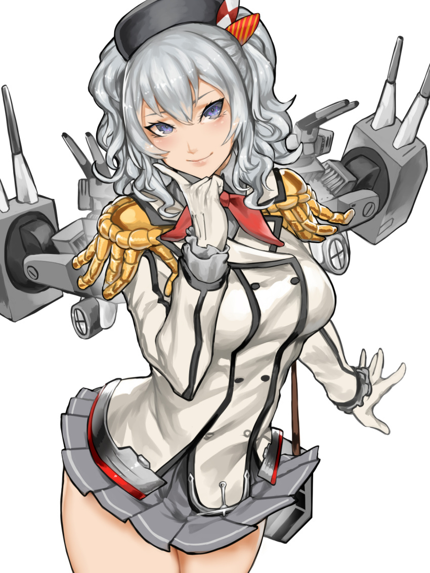 1girl blue_eyes breasts epaulettes gloves grey_skirt highres jacket kantai_collection kashima_(kantai_collection) kumiko_shiba large_breasts lips mecha_musume miniskirt pleated_skirt silver_hair skirt smile solo twintails uniform white_background white_gloves white_jacket