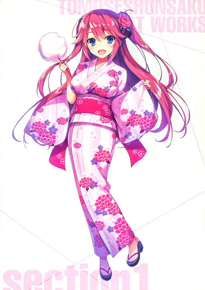 1girl absurdres artist_name bangs blue_eyes blush collarbone cotton_candy eyebrows_visible_through_hair floral_print flower food full_body hair_flower hair_ornament highres holding huge_filesize japanese_clothes long_hair looking_at_viewer obi official_art open_mouth pink_hair sakura_airi sandals sash simple_background smile solo tomose_shunsaku white_background wide_sleeves youkoso_jitsuryoku_shijou_shugi_no_kyoushitsu_e