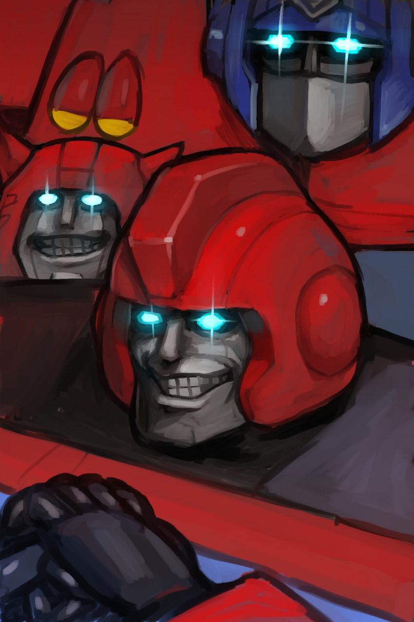 3boys 80s artist_request autobot blue_eyes clenched_hand cliffjumper creepy dark evil_smile eyes glowing glowing_eyes highres horror ironhide looking_at_viewer machinery multiple_boys no_humans oldschool optimus_prime smile teeth transformers what
