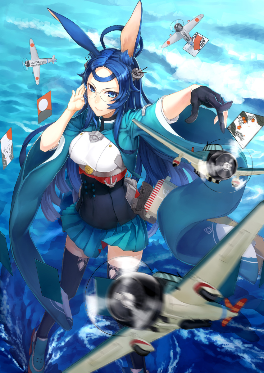 1girl absurdres aircraft airplane anchor animal_ears azur_lane blue_eyes blue_hair card flight_deck glasses gloves hair_ornament highres japanese_clothes kaito_nina long_hair long_sleeves looking_at_viewer machinery mismatched_gloves pleated_skirt pointing rabbit_ears skirt solo souryuu_(azur_lane) standing standing_on_liquid thigh-highs wide_sleeves zettai_ryouiki