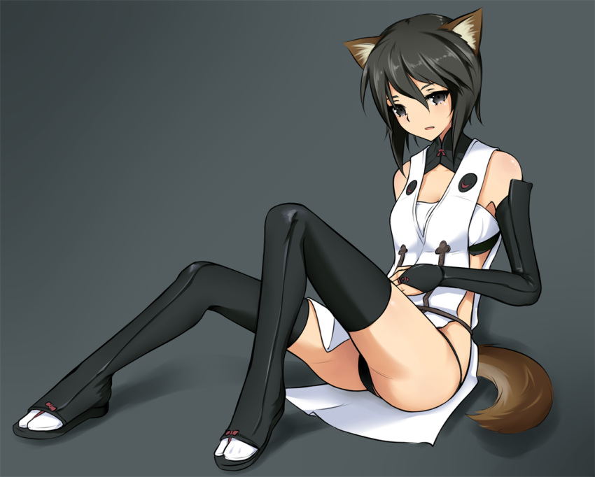 armedshipyard black_hair black_legwear black_panties breasts hand_on_own_stomach japanese_clothes kuroe_ayaka panties short_hair small_breasts solo underwear world_witches_series