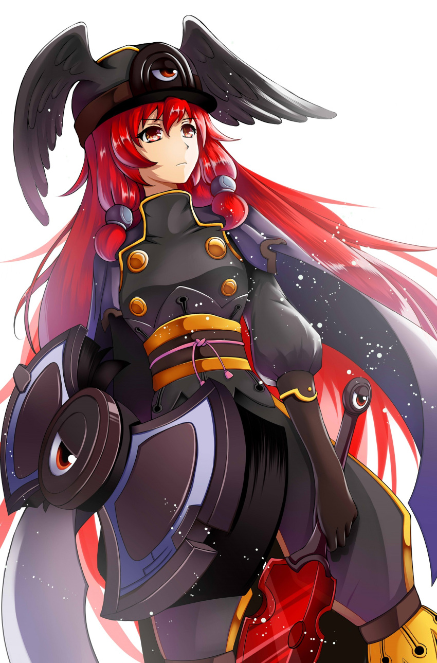 1girl black_clothes black_feathers black_gloves blazblue blue_eyes gloves hair_ribbon hat highres lmf13007102 long_hair looking_to_the_side military military_uniform obi redhead ribbon sash solo tress_ribbon tsubaki_yayoi uniform very_long_hair winged_hat