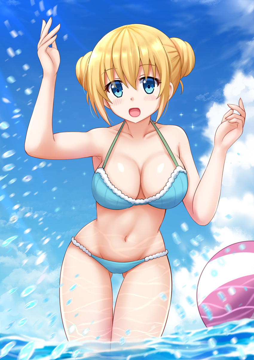 1girl :d ball beachball bikini blend_s blonde_hair blue_bikini blue_eyes blue_sky breasts cleavage clouds cloudy_sky collarbone commentary double_bun gluteal_fold highres hinata_kaho kazenokaze large_breasts long_hair looking_at_viewer navel ocean open_mouth shallow_water sky smile solo swimsuit