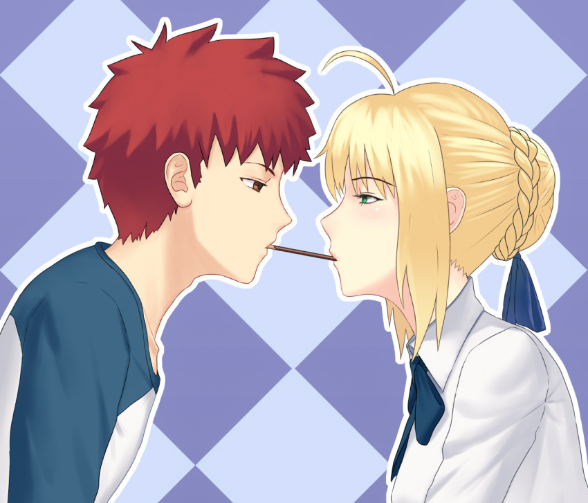 1boy 1girl ahoge artoria_pendragon_(all) blonde_hair blue_bow blue_neckwear blue_ribbon blush bow bowtie braid brown_eyes collarbone collared_shirt emiya_shirou eyebrows_visible_through_hair fate/stay_night fate_(series) fateline_alpha food from_side green_eyes hair_bun hair_ribbon hetero mouth_hold pocky pocky_kiss profile purple_background raglan_sleeves redhead ribbon saber shared_food shiny shiny_hair shirt short_hair sidelocks upper_body white_shirt wing_collar