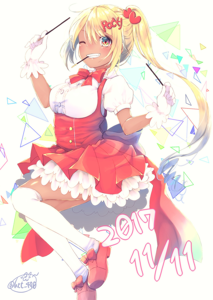 1girl ;d blonde_hair chita_(ketchup) commentary_request dark_skin dated food frilled_skirt frills gloves grin hair_ornament heart_hair_ornament highres holding long_hair looking_at_viewer mouth_hold one_eye_closed open_mouth original pleated_skirt pocky pocky_day ponytail simple_background skirt smile solo thigh-highs waitress white_background white_gloves white_legwear zettai_ryouiki