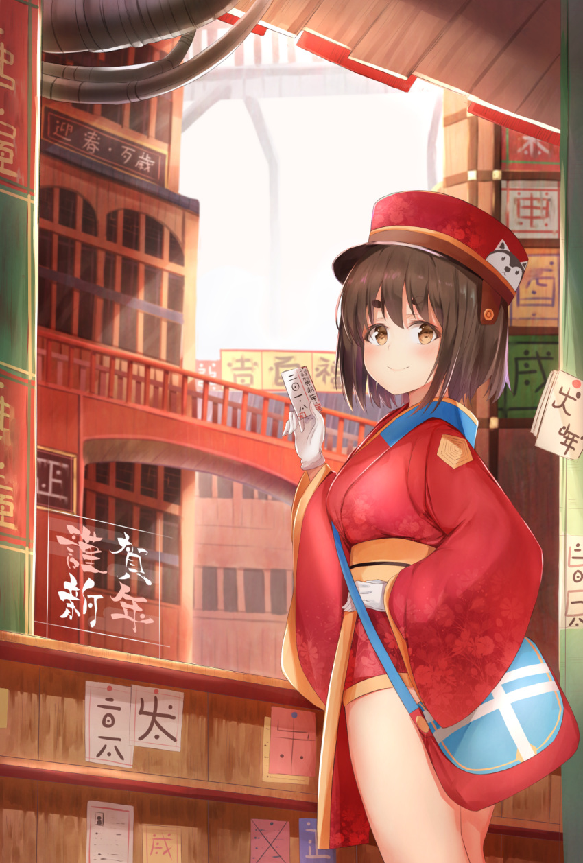 1girl bag blurry brown_eyes brown_hair building commentary_request depth_of_field gloves hat highres holding japanese_clothes kimono looking_at_viewer maosame original paper peaked_cap short_hair short_kimono shoulder_bag smile solo translation_request white_gloves