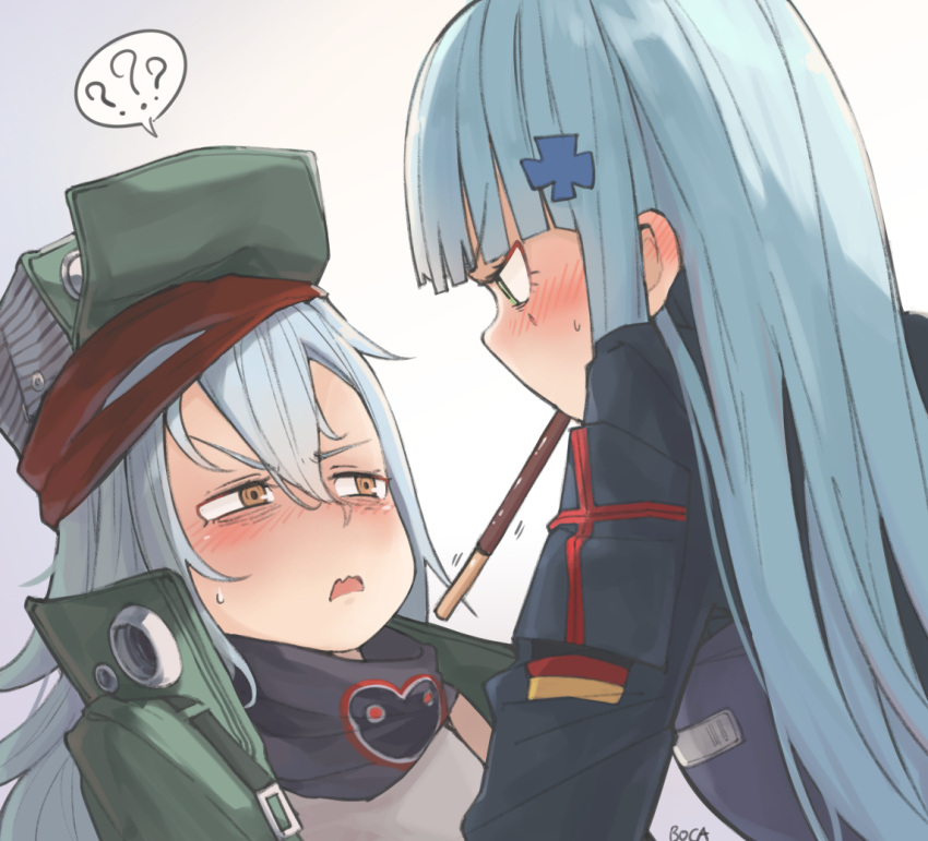 2girls ? artist_name bags_under_eyes blue_hair blush boca brown_eyes closed_mouth ear_blush eyebrows_visible_through_hair food g11_(girls_frontline) german_flag girls_frontline green_eyes green_hat hair_between_eyes hat hk416_(girls_frontline) long_hair looking_at_another looking_away motion_lines mouth_hold multiple_girls nose_blush open_mouth pocky profile spoken_question_mark sweatdrop upper_body